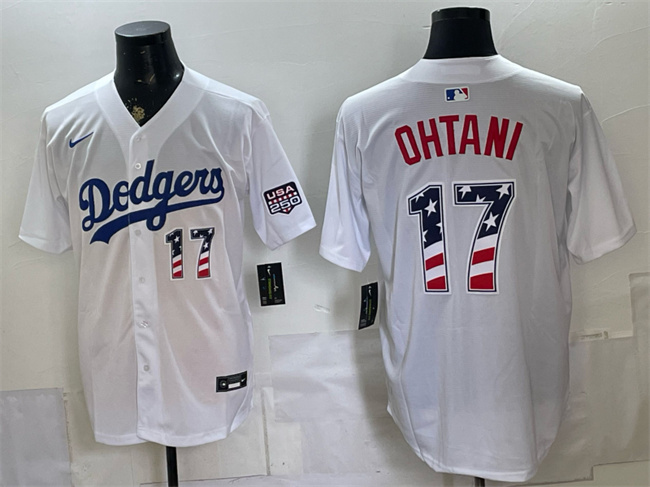 Men's Los Angeles Dodgers #17 Shohei Ohtani White 250 Fourth of July Home Stitched Baseball Jersey